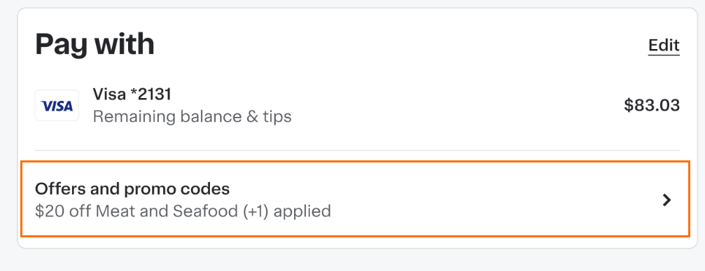 Shows a checkout page with the Offers and promo codes section displaying "$20 off Meat and Seafood (+1) applied"